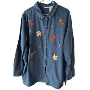 White Stag Plus 26W/28W Embroidered Denim Shirt Jacket Fall Leaves Cotton